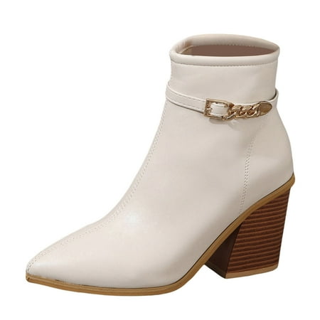 

Women S Ankle Boots Fashion British Leather Surface Metal Belt Buckle Pointed Zipper Thick High Heel Short Boots