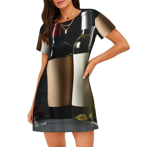 Fotbe Two Bottles Of Red And White Wine Bata de Dormir para Mujer con Estampado, Camisón de Algodón de Manga Corta, Ropa de Dormir Casual