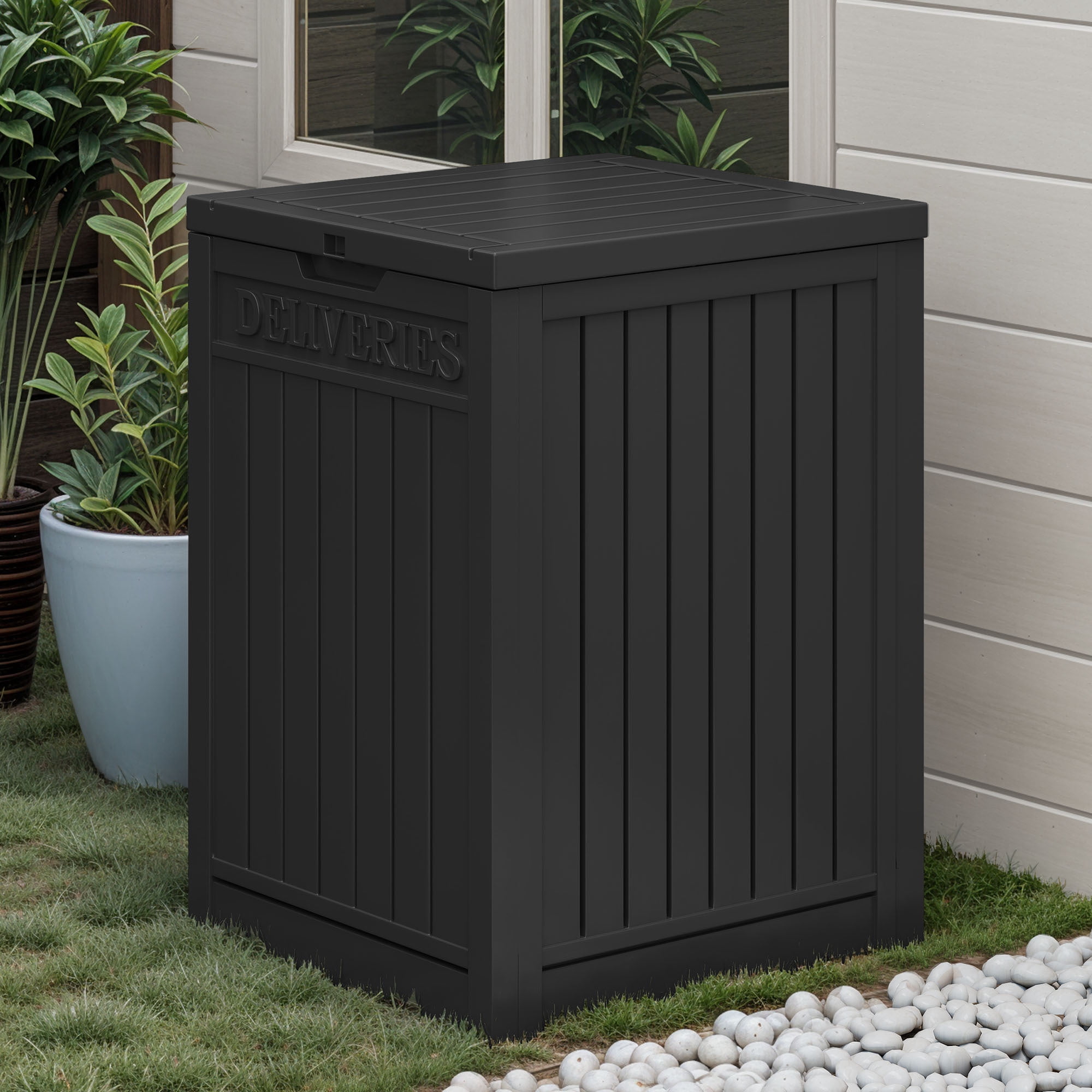 Uforic 51 Gallon Large Outdoor Resin Package Delivery Box, Waterproof Lockable Deck Storage Box for Porch & Curbside, Black