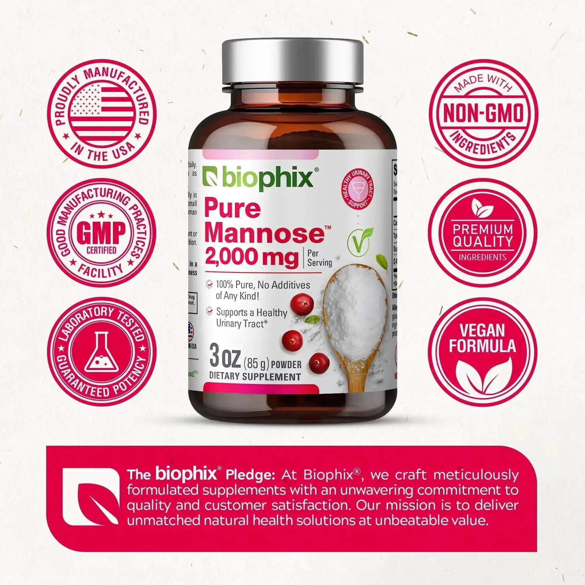 biophix Pure Mannose Powder 2000 mg 3 oz - Free Vitamin D-3 5000 IU 30 Softgels - Supports Urinary Bladder Tract Health
