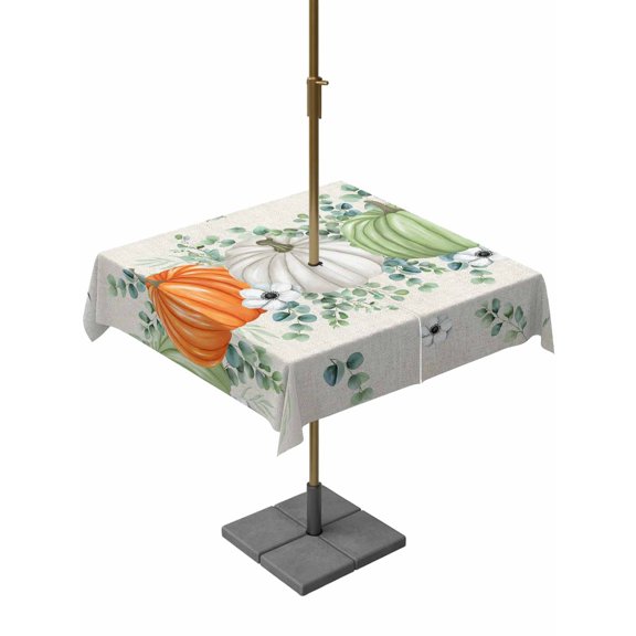 Outdoor Tablecloth with Umbrella Hole and Zipper, Fall Green Square Table Cloth 60x60 Inch Waterproof Tablecloth, Orange White Thanksgiving Pumpkin Eucalyptus Picnic Table Cover for Patio Camping
