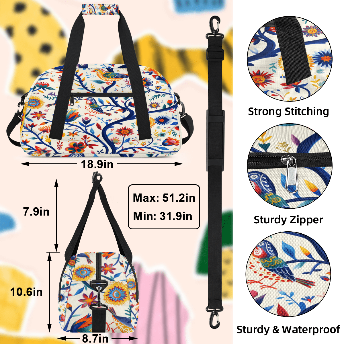 Herdesigns Sports Duffle Bags Travel Duffle Bag Gym Bag Mexico Floral Ethnic Bird Weekender Travel Bag Waterproof Overnight Bag Carry On Travel Tote Bag Dance Bags
