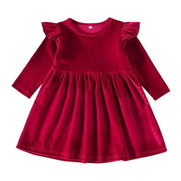 Mercatoo Toddler Girls Velvet Maxi Dress Knee Length Long Sleeve Solid Ruffle Dress for Christmas Par𝘁y Wedding Holiday