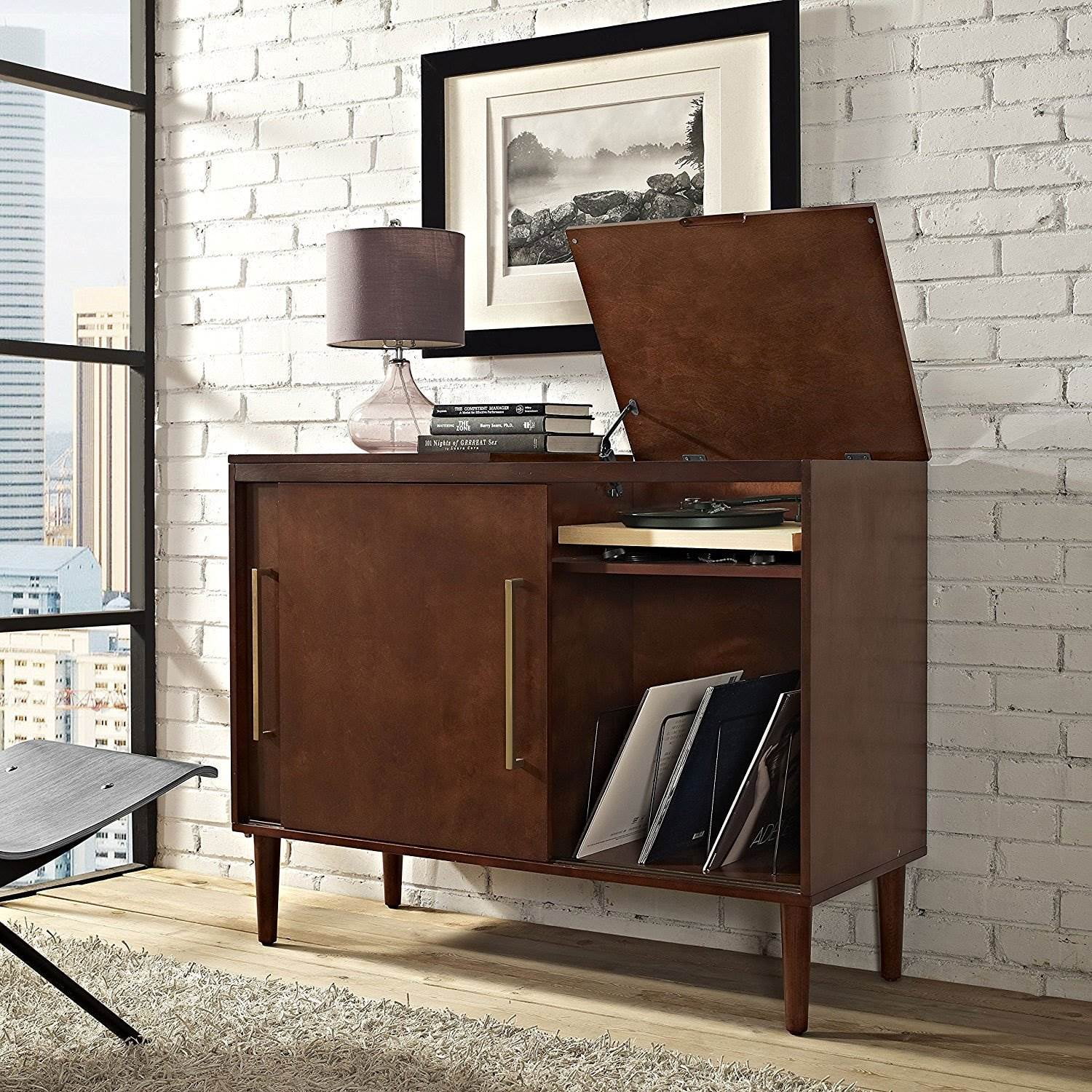 Turntable Console Cabinet Vintage Vinyl Record Storage Player Mid Century Table Wood Media Console Table