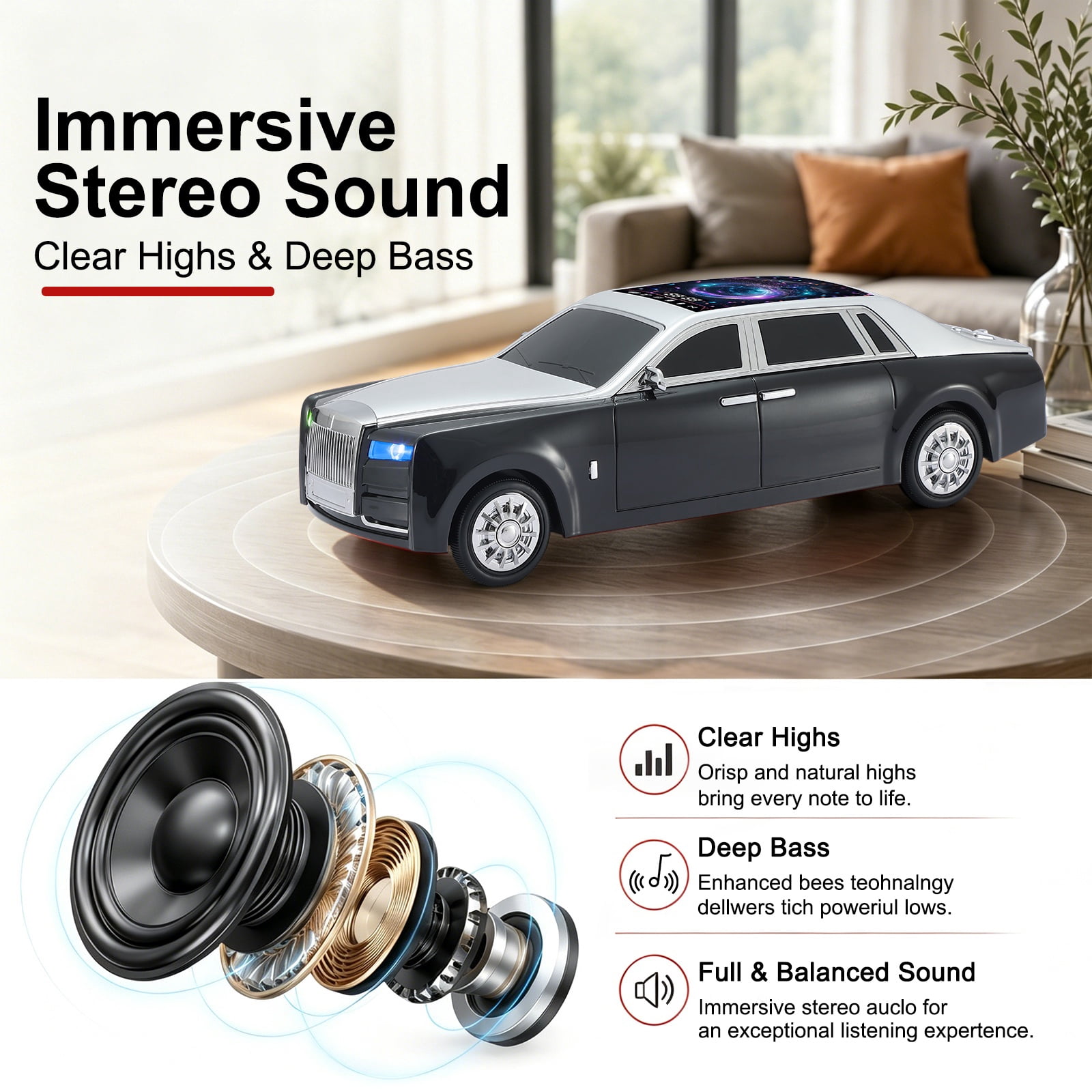 WSTER WS-610 Car Shaped Bluetooth Speaker, 15W Heavy Bass Portable Wireless Speaker with LED Lights, TWS, FM Radio, TF/USB, Bluetooth 5.4 for computer/Desktop ornaments/outdoor/party/Gift