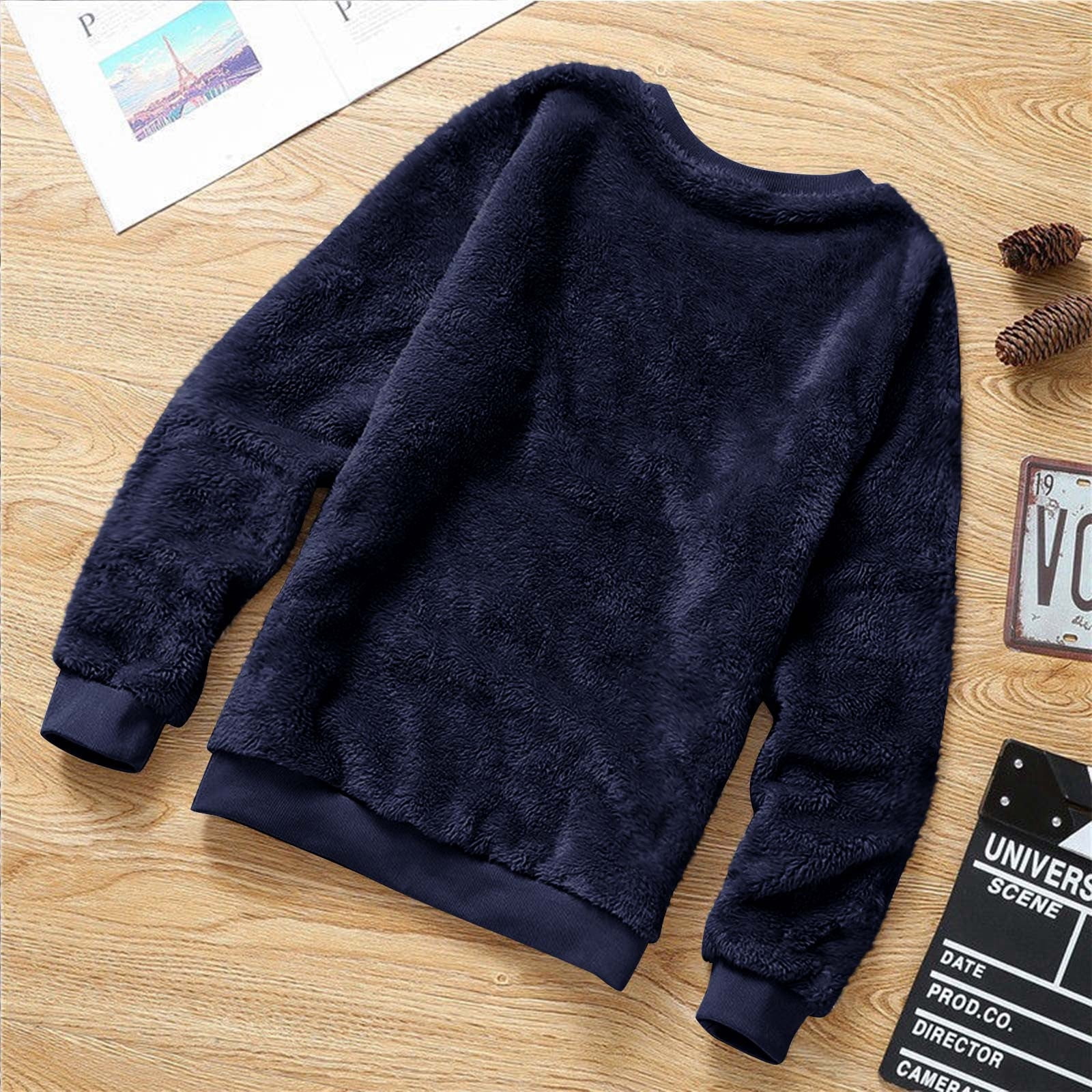 AherBiu Pajama Tops for Women Fleece Plush Crewneck Sweatshirt Long Sleeve Sleepwear Pullover Shirt