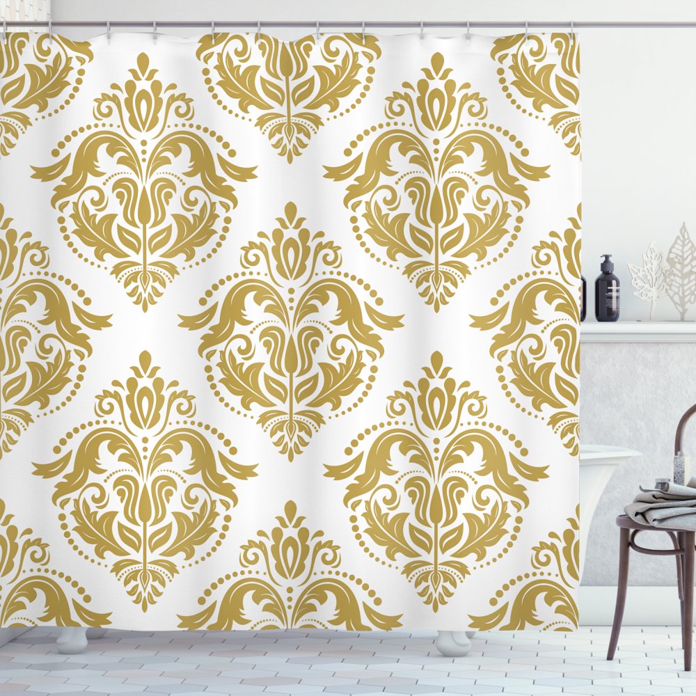 Gold and White Shower Curtain, Baroque Victorian Ancient Design Floral