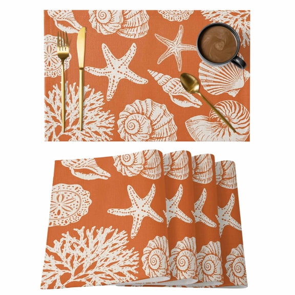 Orange Starfish Coastal Placemats Set of 4 Shell Coral Summer Beach Nautical Ocean Place Mats Indoor Wipeable Table Mats Washable Dining Table Placemats for Kitchen Holiday Party Decor 13x19 Inch
