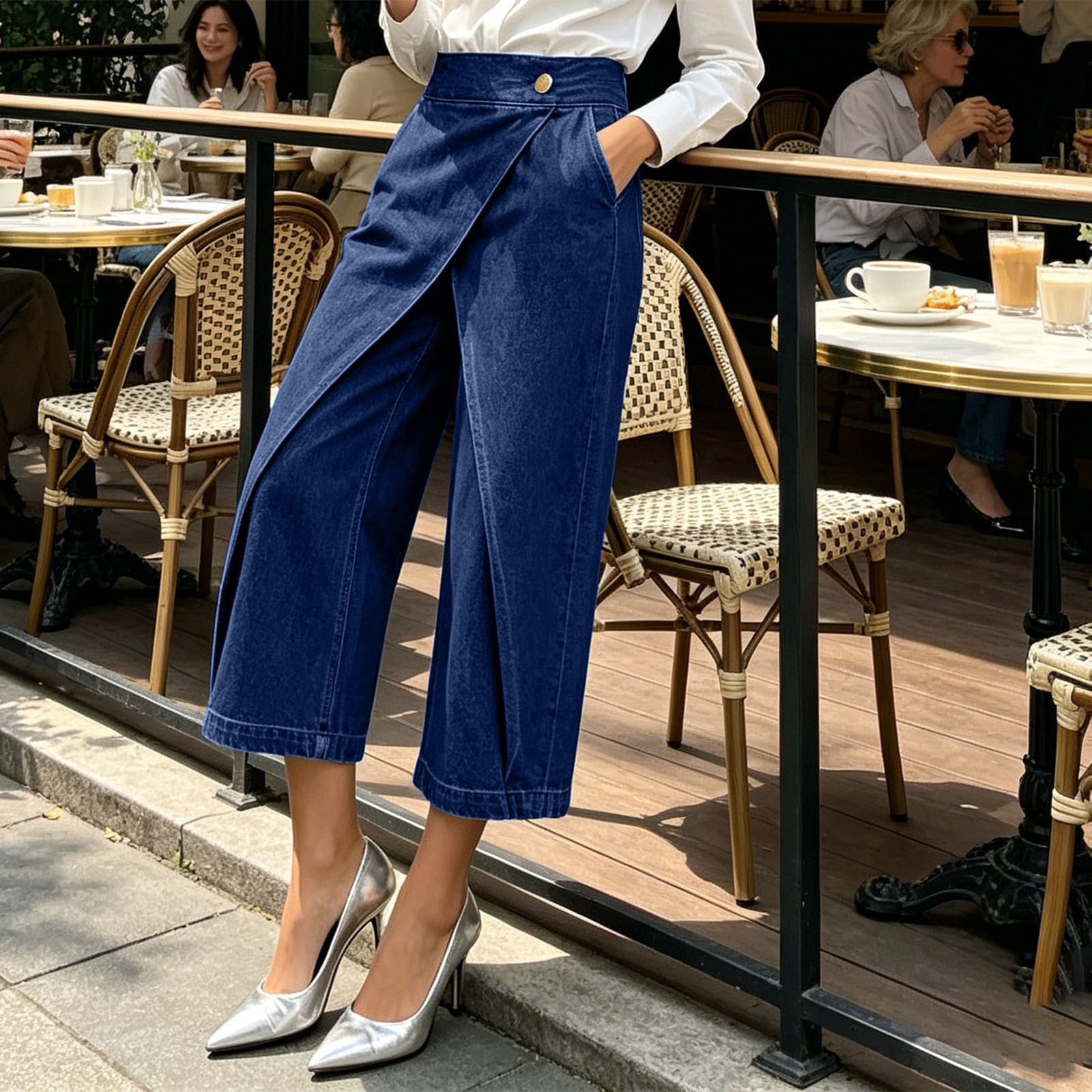 Women's Straight Leg Capri Jeans, Stylish Wrap Skirted Summer High Waisted Streetwear Denim Pants with Pockets