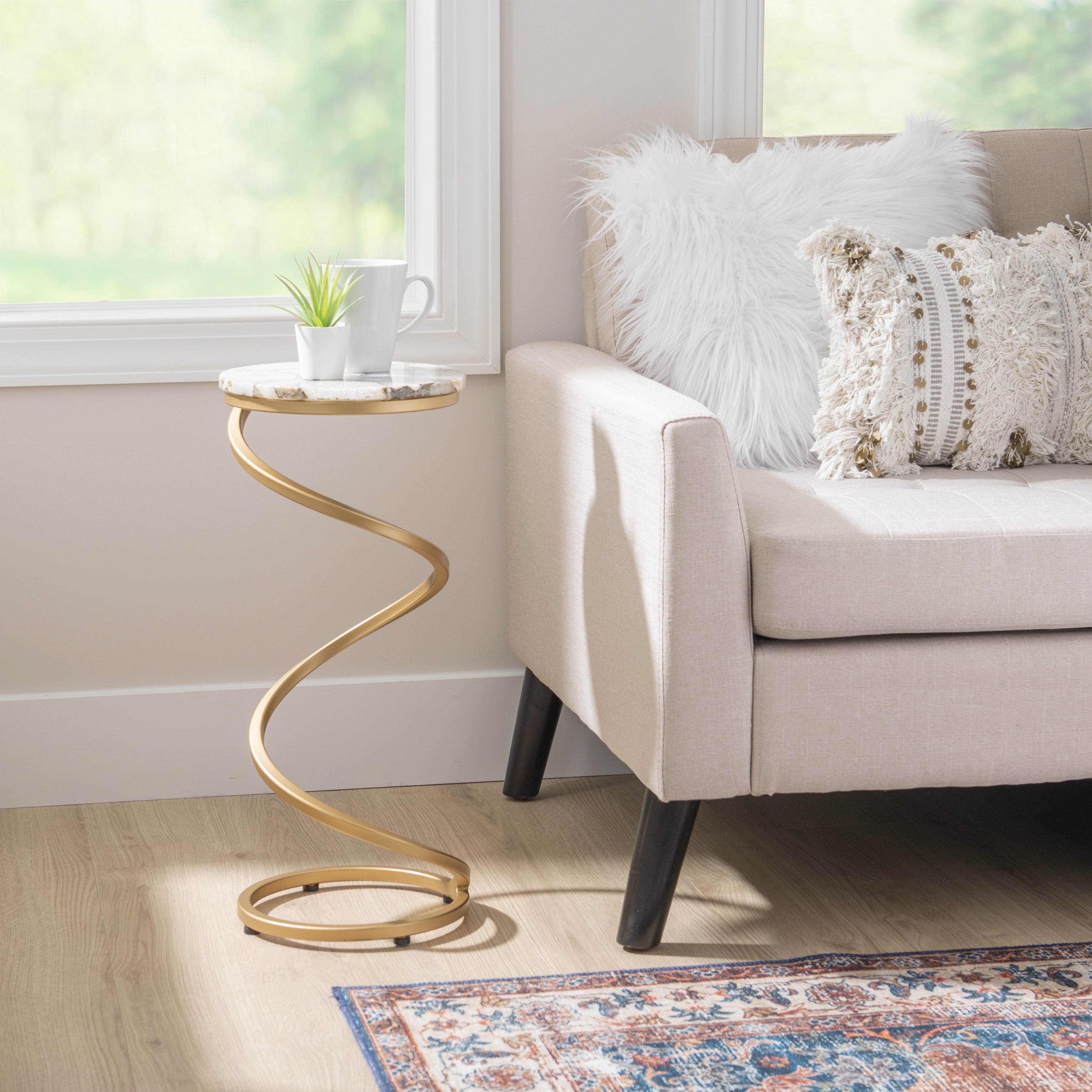 Powell Nevin Modern Round Spiral Base Drink Table, 23.75" Tall, Gold/Gray Agate