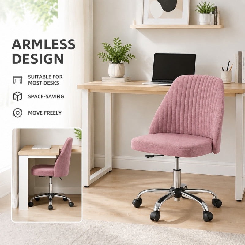 BEAUTYPEAK Armless Vanity Chair Adjustable Swivel Fabric Desk Chair with Padded Seat Wheels Mid-Back Office Chair, Pink