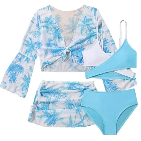 Girls Swimsuit Girls  4 Piece Swimsuits Soild Bikini Ruffles Swimskirt Bathing Suit Briefs Girls Bikini Swimwear Set with Cover Up Pants