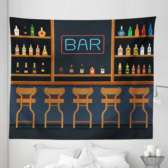 Bar Tapestry, Pub Stand with Chairs and Bottles of Alcohol Aligned Interior Cocktail Beverage, Fabric Wall Hanging Decor for Bedroom Living Room Dorm, 5 Sizes, Multicolor, by Ambesonne