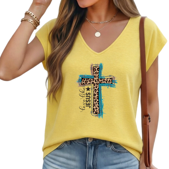 Cozymy Womens Yellow Rustic Faith Cross V Neck Short Sleeve T-Shirt S-5XL Southern Daily Wear Soft Tops