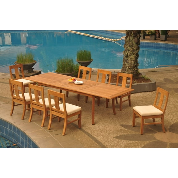 Grade-A Teak Dining Set: 8 Seater 9 Pc: 118" Double Extension Rectangle Table And 8 Osborne Armless Chairs Outdoor Patio WholesaleTeak #WMDSWVm