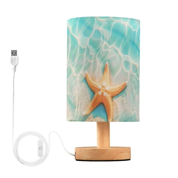Bedside Desk Lamp LED Starfish with Blue Sea Table Nightstand Lamps Warm Light Fabric Lampshade for Home Bedroom Office Living Room Decor