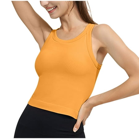 Bigersell Crop Tops with Built in Bra Women Wireless Sports Bras Solid Sleeveless Crew Neck Cropped Tank Tops Comfort Soft Yoga Sports Bra Running Workout Bras Crop Tops Orange L