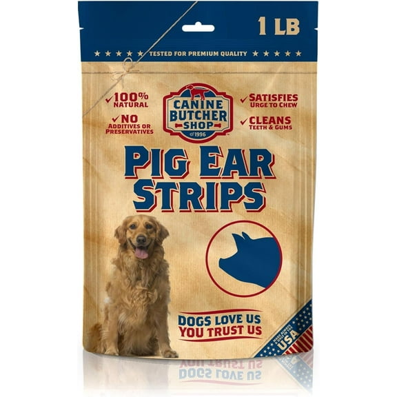 Canine Butcher Shop Pig Ears Strips for Dogs Made in USA, Sourced in USA Pig Ears Slivers, Natural, Small-Medium-Large Dog Chew Treat (1 lb)