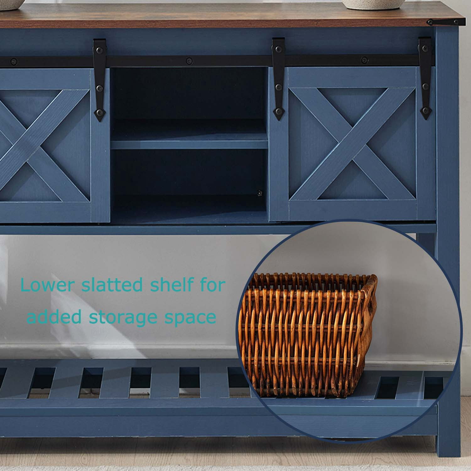 Entryway Table with Storage Shelf, Sliding Barn Doors Console Table for Living Room Hallway, Blue