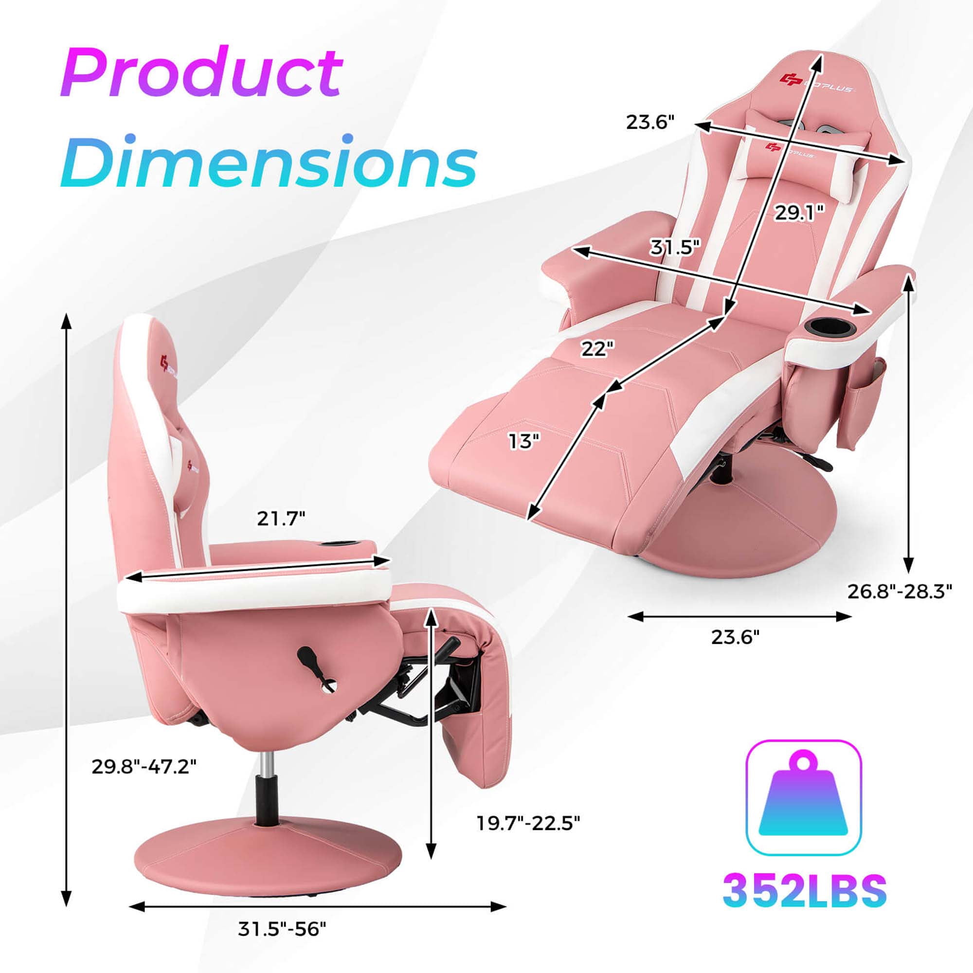 Goplus Massage Gaming Recliner Height Adjustable Racing Swivel Chair with Cup Holder Pink