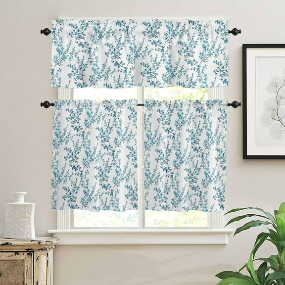 Floral Kitchen Window Curtain Set with Tiers and Valance, 3 Pieces Rod Pocket Valances Watercolor Style Teal Blue Flower Bud Leaves Window Treatment Semi Sheer Kitchen Bedroom Decor (52"W x 18"L)