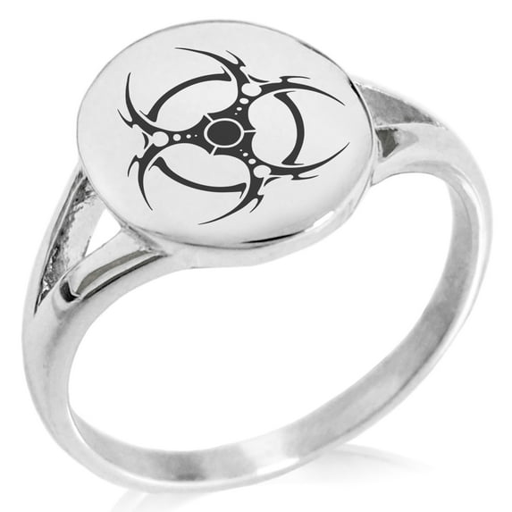 Stainless Steel Tribal Barbed Wire Biohazard Minimalist Oval Top Polished Statement Signet Ring