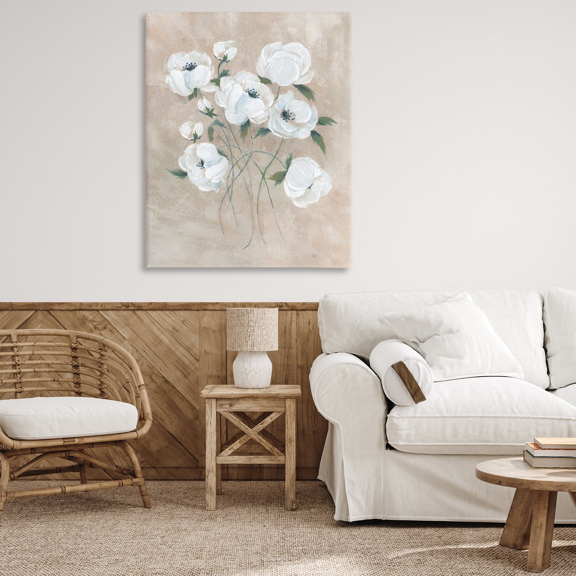 Stupell Industries Flowers on Neutral Beige Plants & Flowers Painting Wrapped Canvas Art Print Wall Art, 36 x 48