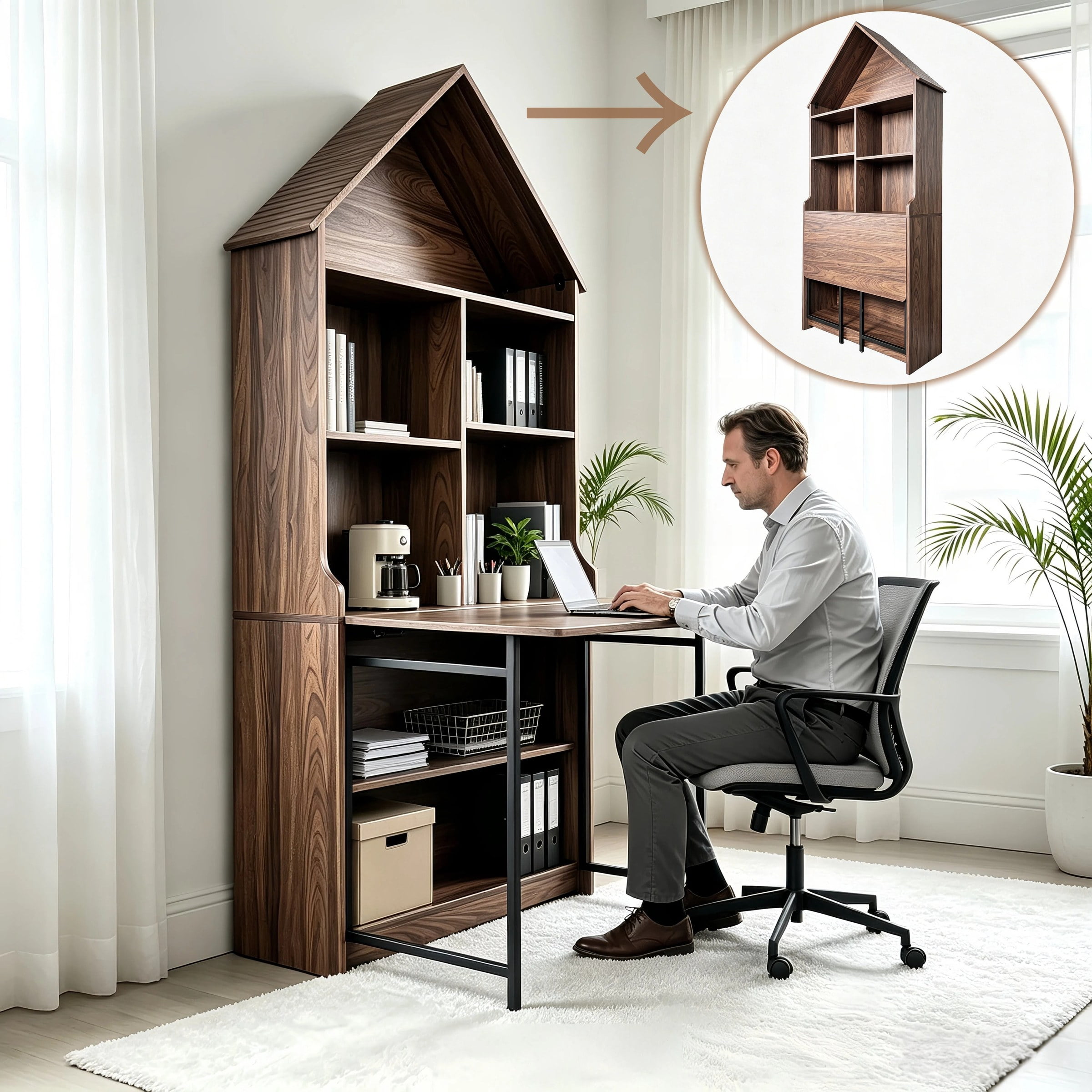 Astoutdoor Folding Craft Desk with Storage Shelves, Convertible Hideaway Desk to Bookshelf, Foldable Desk for Small Spaces