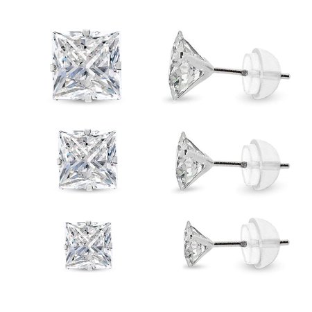 6mm Princess Stud Earrings 14k White Gold Brilliant Cut Clear Princess Cut Square Cubic Zirconia Martini Setting Stud Earrings 4mm 5mm 6mm ()