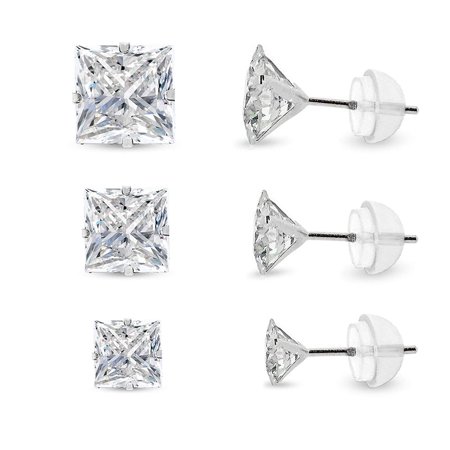 14k White Gold Brilliant Cut Clear Princess Cut Square Cubic Zirconia Martini Setting Stud Earrings 4mm 5mm (Best Way To Cut Metal Studs)