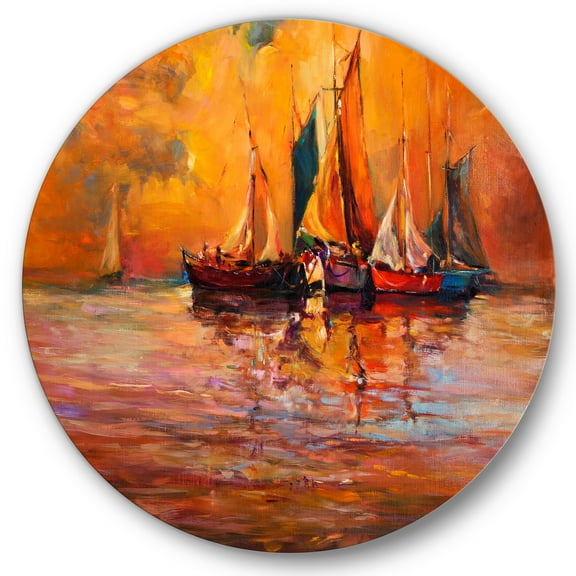 Designart 'Boats During Evening Sunset In The Ocean I' Nautical & Coastal Circle Metal Wall Art 36x36 - Disc of 36
