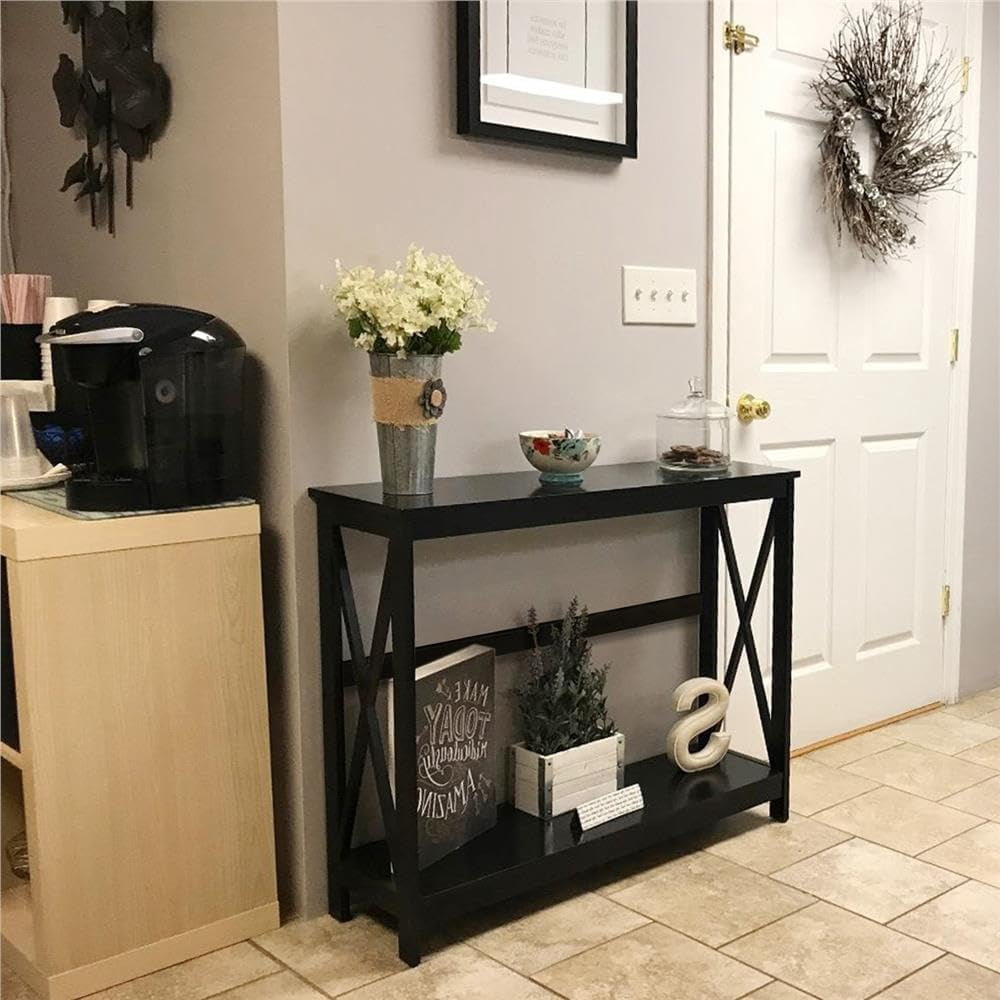 NIUMU Console Table for Entryway, 2 Tier Entryway Table Bookshelf Accent Table w/Storage Shelf Living Room Entry Hall Foyer Table Furniture, Black,X-Design
