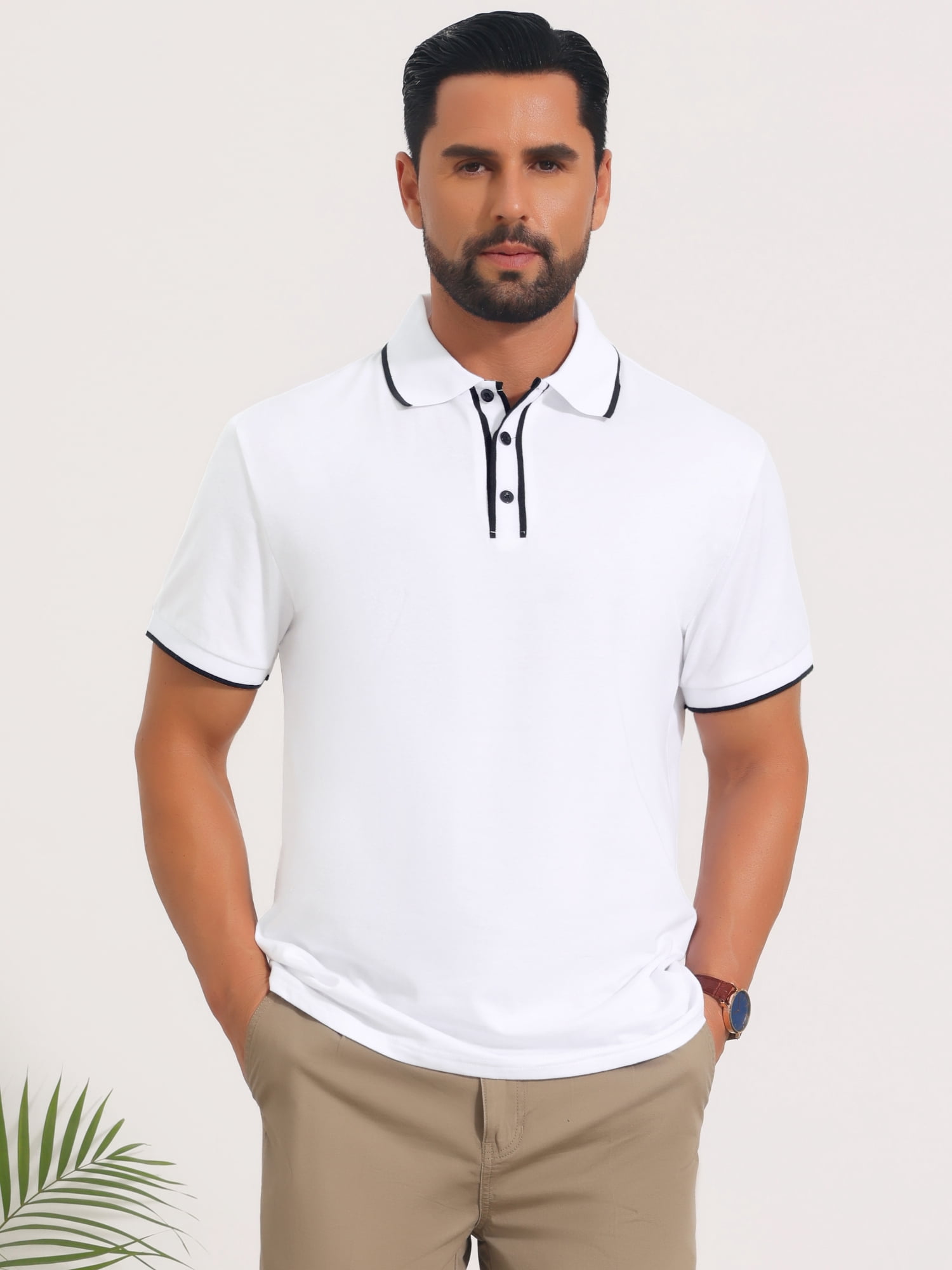 DARING DIVA Men's Contrast Trim Short Sleeve Button Closure Polo Shirts M White