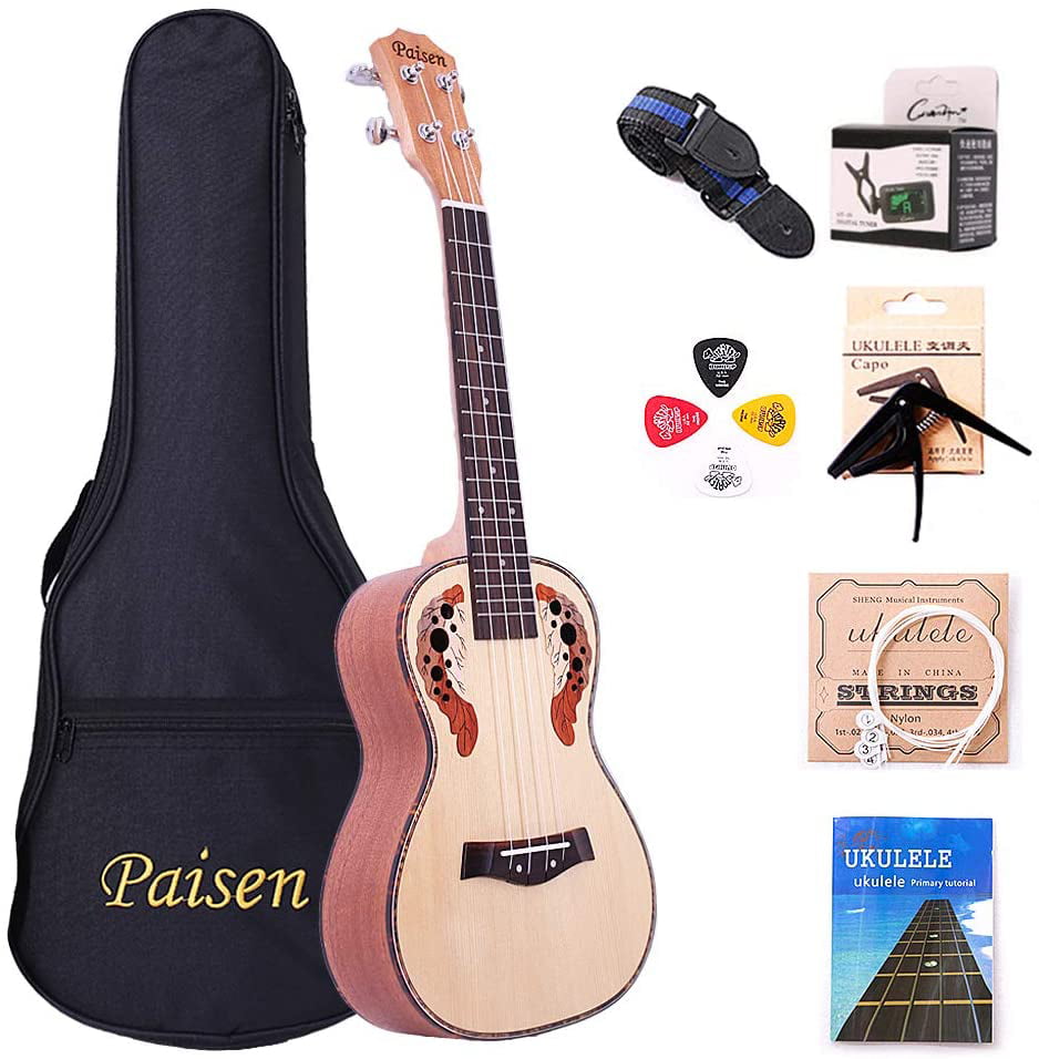 Paisen Spruce Panel 21-inch Soprano ukulele Hawaii Ukulele for Beginner and Children Send with thick Bag Tuner Capo Strap Picks Full set of accessories 