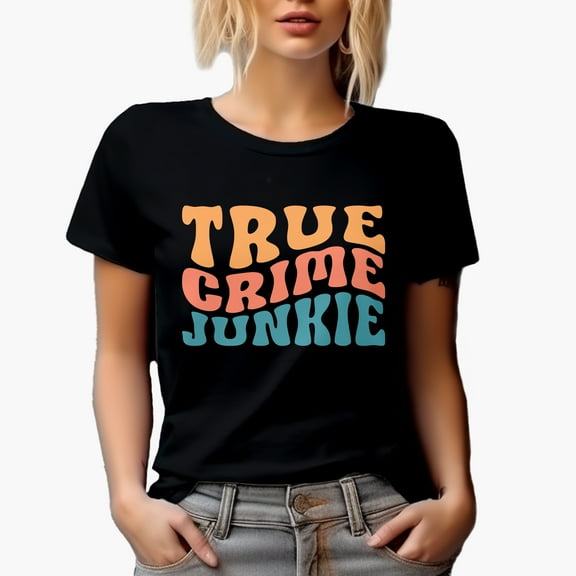 True Crime Junkie, Podcast Lover or Listener, Groovy Retro Wavy Text Merch Gift, Black T-Shirt, Small