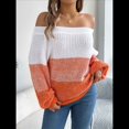 thumbnail image 4 of Suéteres Casuales de Punto A Crochet con Hombros Descubiertos y Bloques de Color para Mujer, Modernos, con Mangas Abullonadas, Cálidos y Abrigados. Naranja S, 4 of 10