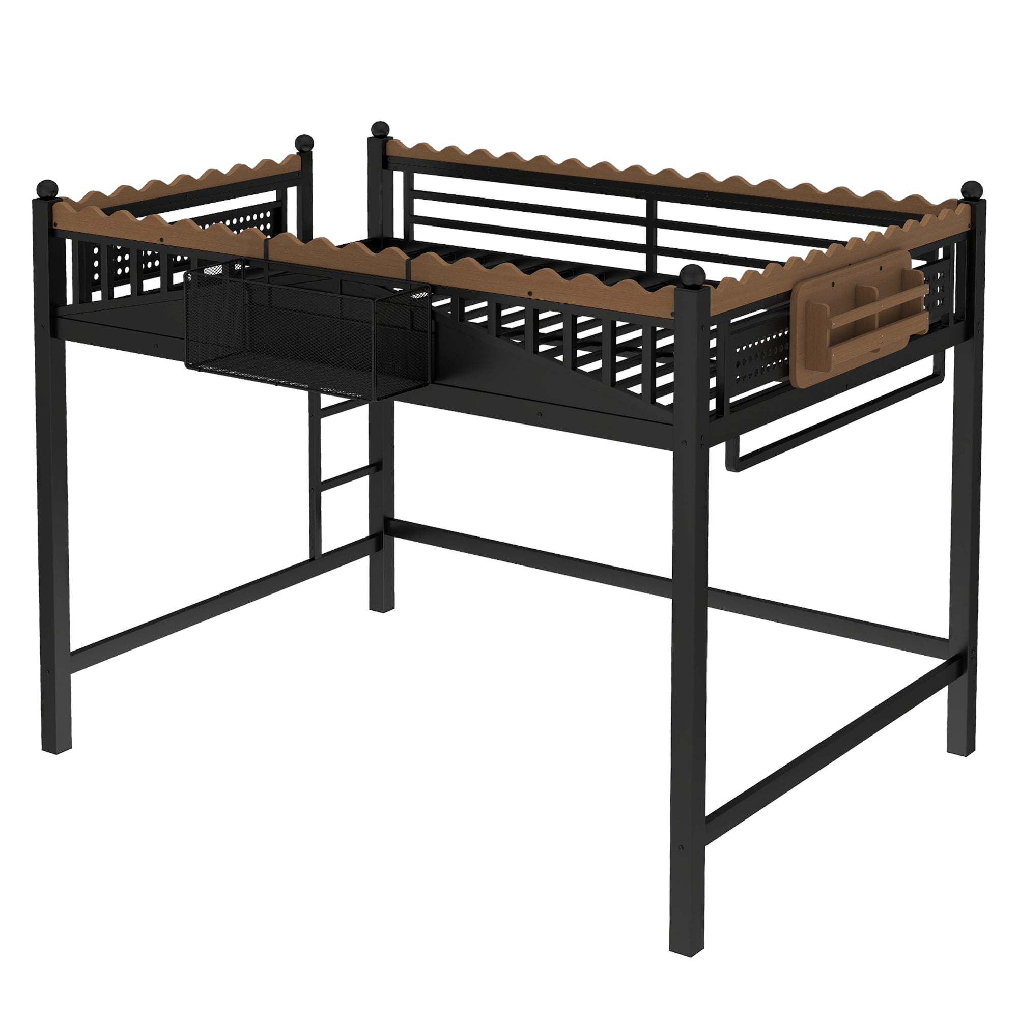 Leumius Full Size Loft Bed,Metal Loft Bed with Storage Baskets and Bookshelf,High Loft Bed with Large Under-Bed Space,No Box Spring Needed,Black