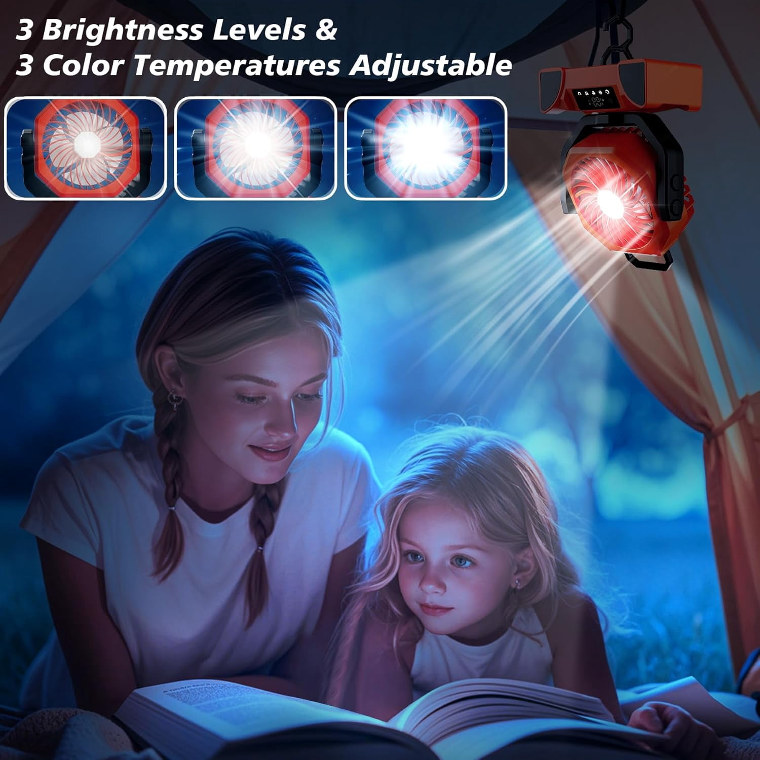 20000mAh Rechargeable Portable Camping Fan - Max 68 Hrs Runtime, Battery Operated with LED Lantern, 5 Speeds, 4 Timers. Desk Fan for Travel & Power Outages (Orange)