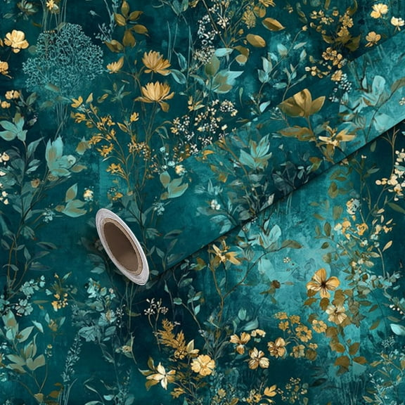 Floral Teal Wallpaper with Golden Accents - Self-Adhesive Seamless Mural for Cabinets Walls, Easy Install Bohemian Home Decor