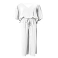 thumbnail image 3 of [Casual Pants Suit] Casual Solid Color Women's Pants Suit | Half Sleeve V-Neck Top And Wide Leg Pants Clothing, 3 of 3