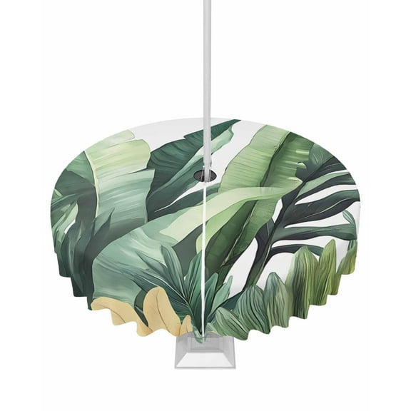 Hokiten Outdoor Tablecloths with Umbrella Hole & Zipper, Tropical Leaves Round Tablecloth 54 Inch, Farmhouse Summer Botanical Plants Waterproof Table Cloth, Patio/Pool/Picnic Table Covers