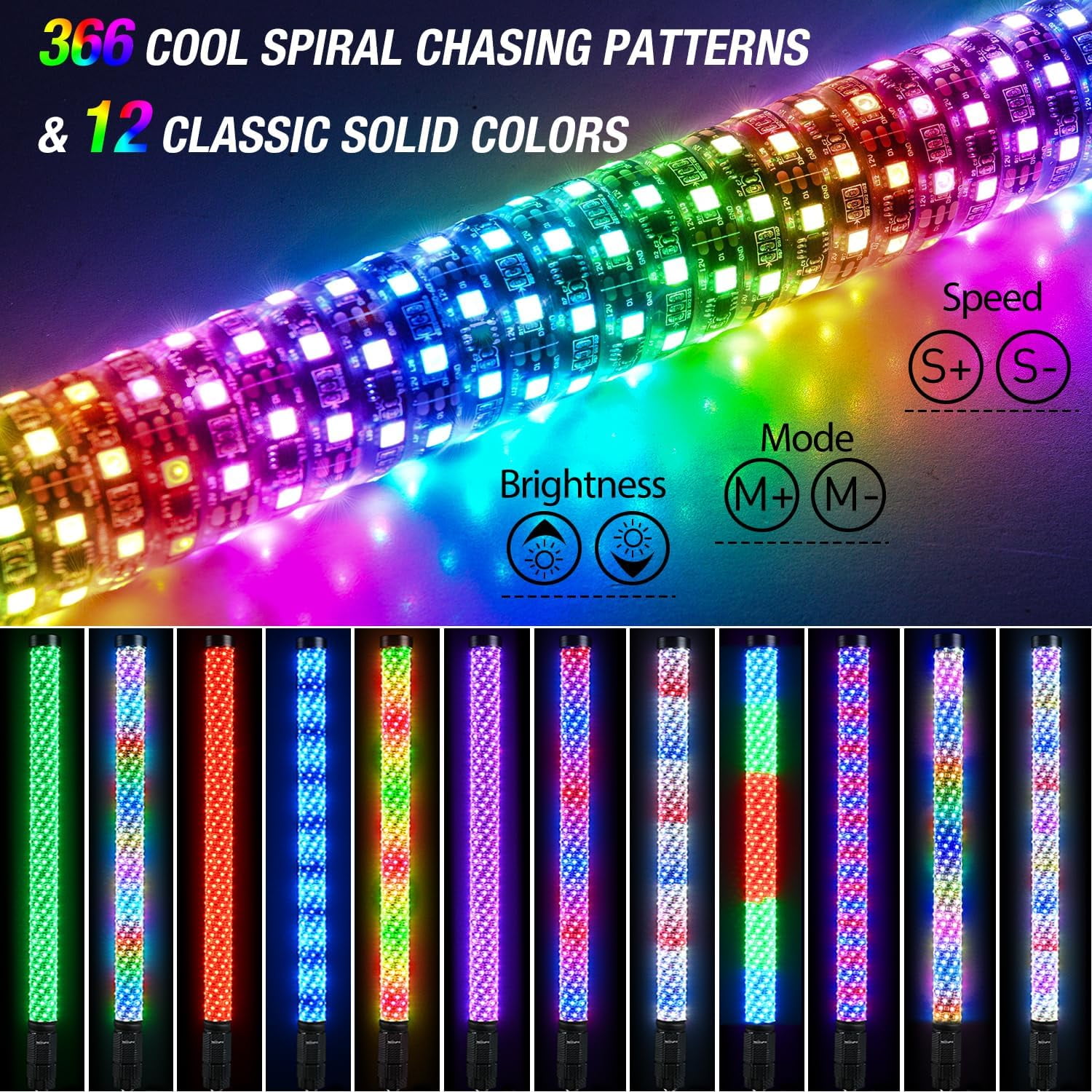 Nilight LED Fat Whip Light 2PCS 3FT RGB Lighted Antenna Whips with Remote & App Control DIY Chasing Patterns Brake Reverse Turn Lights for ATV UTV Polaris RZR Can-am Dune Buggy Pickup Trucks Jeep