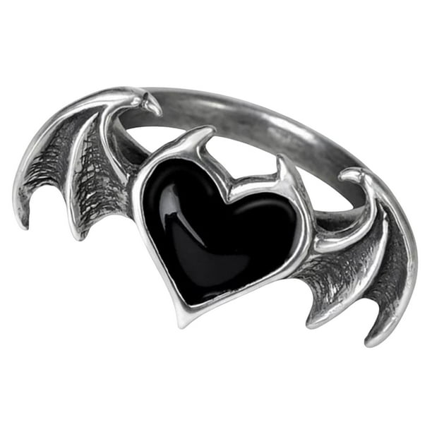 Anillo gótico de diablo, murciélago, corazón, ala, vampiro, fiesta, para mujeres y hombres. Negro
