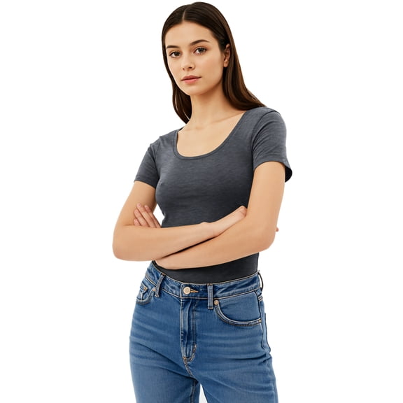 Essential Basic Scoop Neck Short Sleeve Tee for Women Tshirt -Plus, Heather Charcoal, 2XL