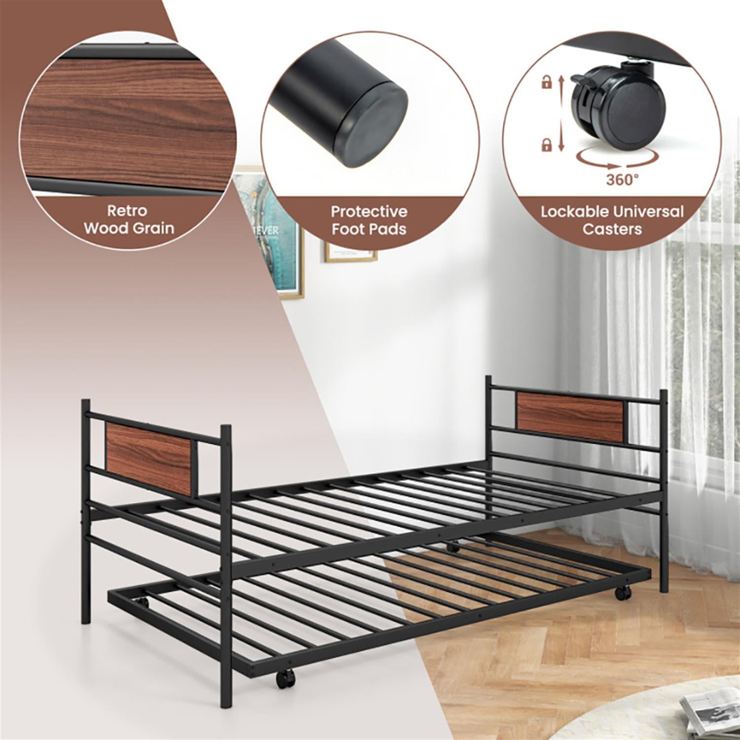 Demi Bonn Twin Size Metal Daybed with Trundle and Wood Grain Headboard, Modern Bed Frame for Teens, Black