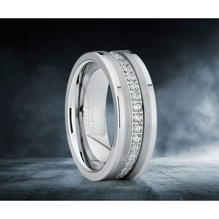 Metal Masters Men s Tungsten Wedding Band Ring Cubic Zirconia Inlay 8MM Silvertone 12.5