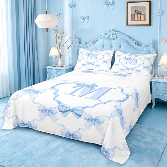 Manfei Letter M Monogrammed Full Size Sheets For Girl,Girly Bowknot Bed Sheets Fir Kids,4 Pieces