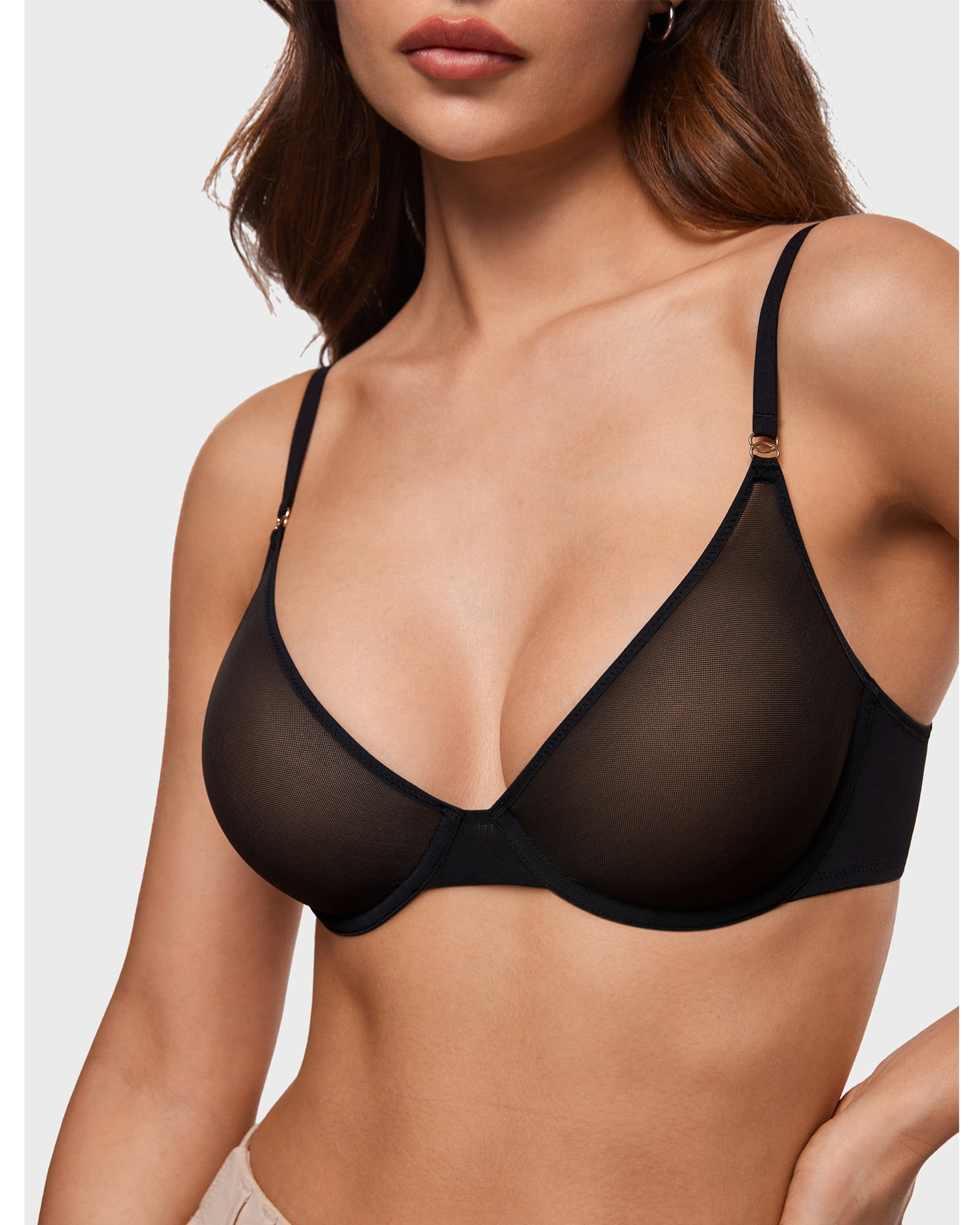 Women's Cosnufy Sheer Balconette Bra Demi Unlined Plunge Mesh See Through Sexy Bras Underwire