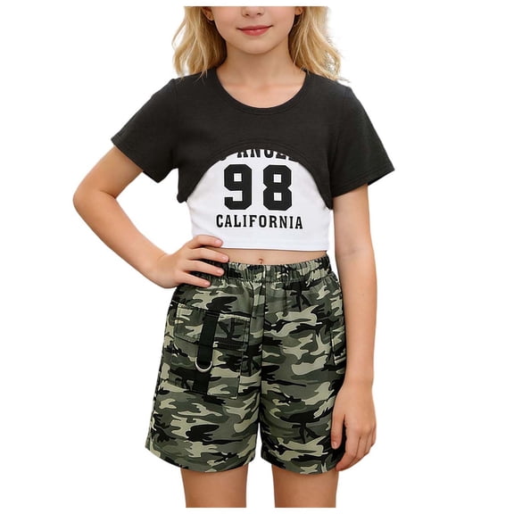 XZNPDUCQ Girls Summer Outfits 2Pcs Kids Clothes Girls Tie Knot Front Tops T-Shirts and Casual Short Sets 5-12Y Playwear Beach Outfits 8-9 Years,Black