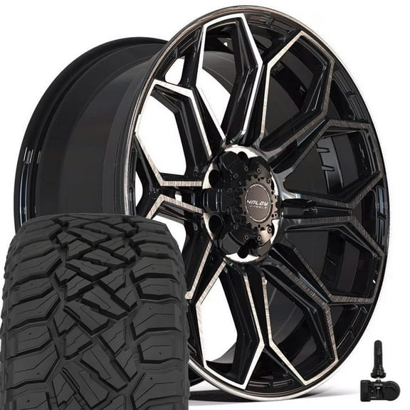 4PLAY Wheels 4P83 22 Inch Rims and Tires Fit 6x135 & 6x139.7 22x9 Gloss Black Brushed with Tinted Clear - TerraMax RT 285/45-22 (Set of 4)